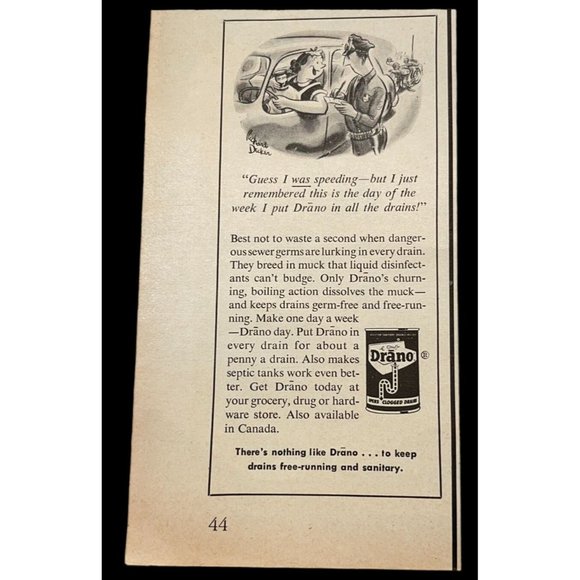Drano Drain Cleaner Vintage Print Ad 1955 Plumbing Cleaning Sanitation - Picture 1 of 6